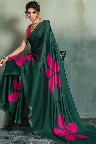 dark green floral cotton blend bollywood saree with blouse