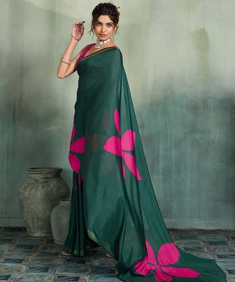 dark green floral cotton blend bollywood saree with blouse 3