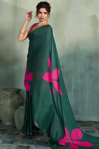 dark green floral cotton blend bollywood saree with blouse