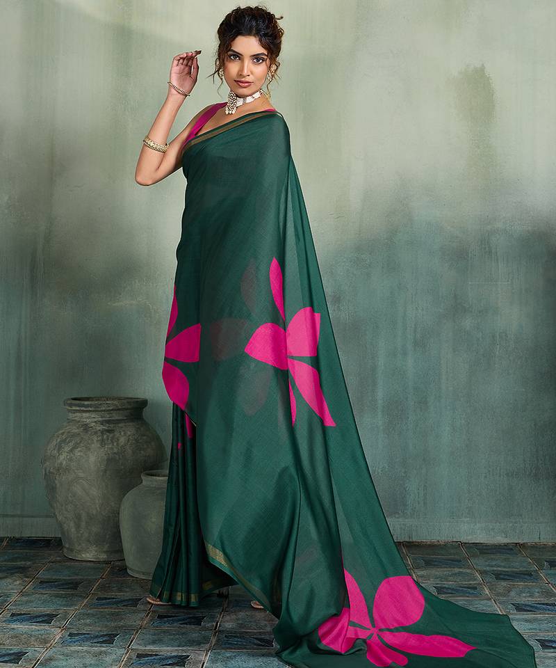 dark green floral cotton blend bollywood saree with blouse