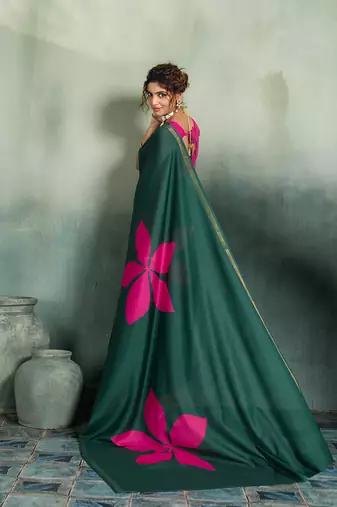 dark green floral cotton blend bollywood saree with blouse