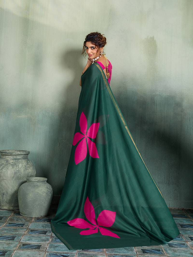 dark green floral cotton blend bollywood saree with blouse