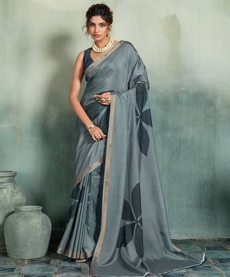 grey floral cotton blend bollywood saree with blouse 1