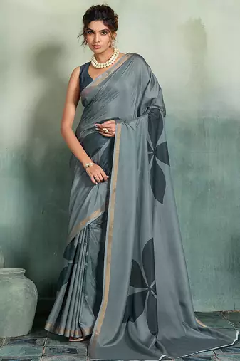 grey floral cotton blend bollywood saree with blouse