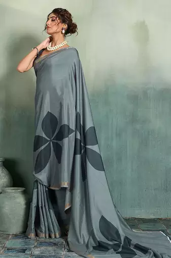 grey floral cotton blend bollywood saree with blouse