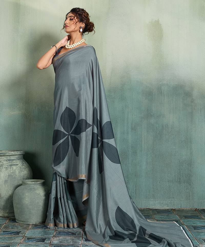 grey floral cotton blend bollywood saree with blouse