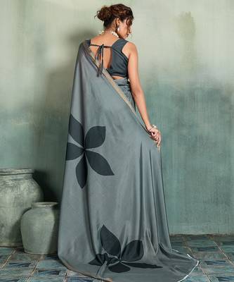grey floral cotton blend bollywood saree with blouse 4