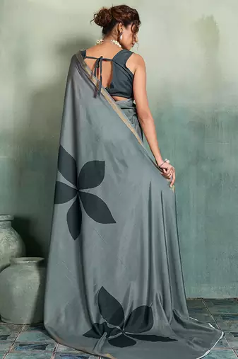 grey floral cotton blend bollywood saree with blouse