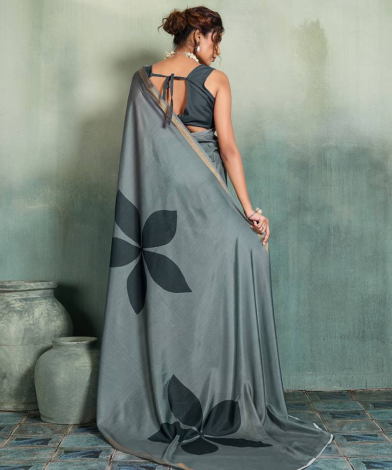 grey floral cotton blend bollywood saree with blouse