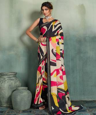 multicolor floral cotton blend bollywood saree with blouse 1