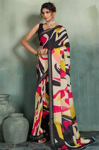 multicolor floral cotton blend bollywood saree with blouse