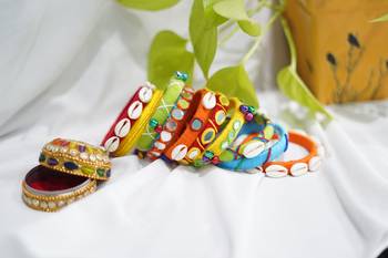  handcrafted multicolour boho thread bangle set with cowrie shells & mirrors 1