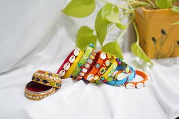  handcrafted multicolour boho thread bangle set with cowrie shells & mirrors 2