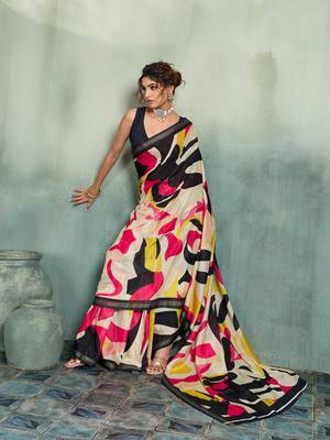 multicolor floral cotton blend bollywood saree with blouse 2