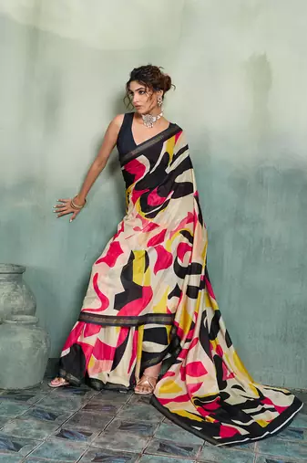 multicolor floral cotton blend bollywood saree with blouse