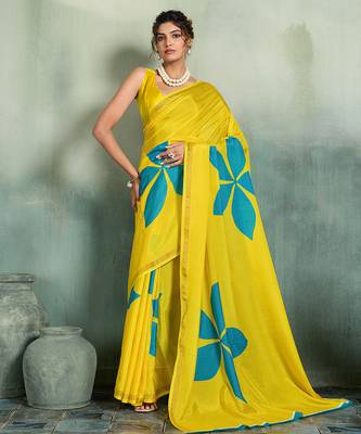 yellow floral cotton blend bollywood saree with blouse 1