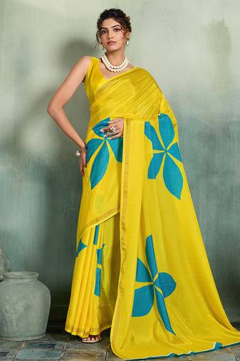 yellow floral cotton blend bollywood saree with blouse