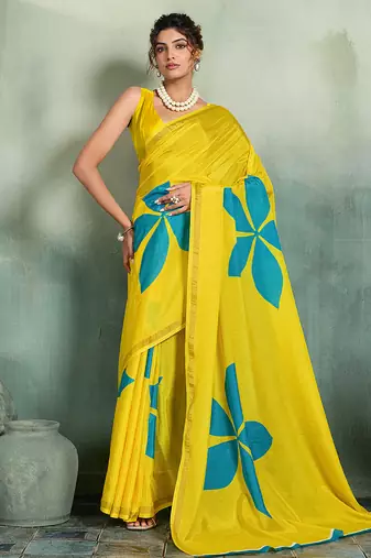 yellow floral cotton blend bollywood saree with blouse