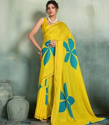 yellow floral cotton blend bollywood saree with blouse