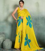 yellow floral cotton blend bollywood saree with blouse