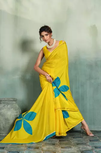 yellow floral cotton blend bollywood saree with blouse