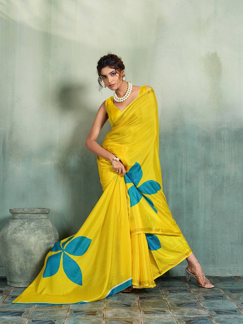 yellow floral cotton blend bollywood saree with blouse