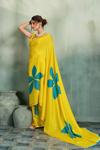 yellow floral cotton blend bollywood saree with blouse
