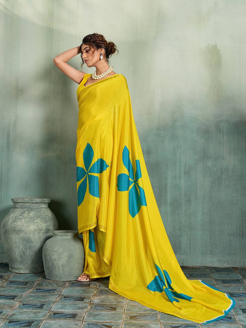 yellow floral cotton blend bollywood saree with blouse