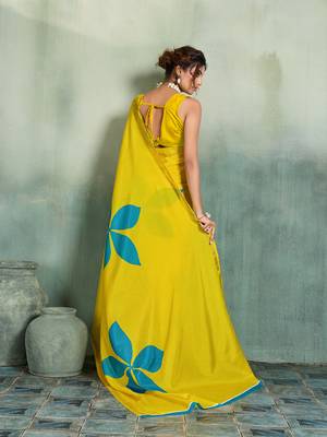 yellow floral cotton blend bollywood saree with blouse 4