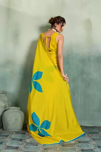 yellow floral cotton blend bollywood saree with blouse