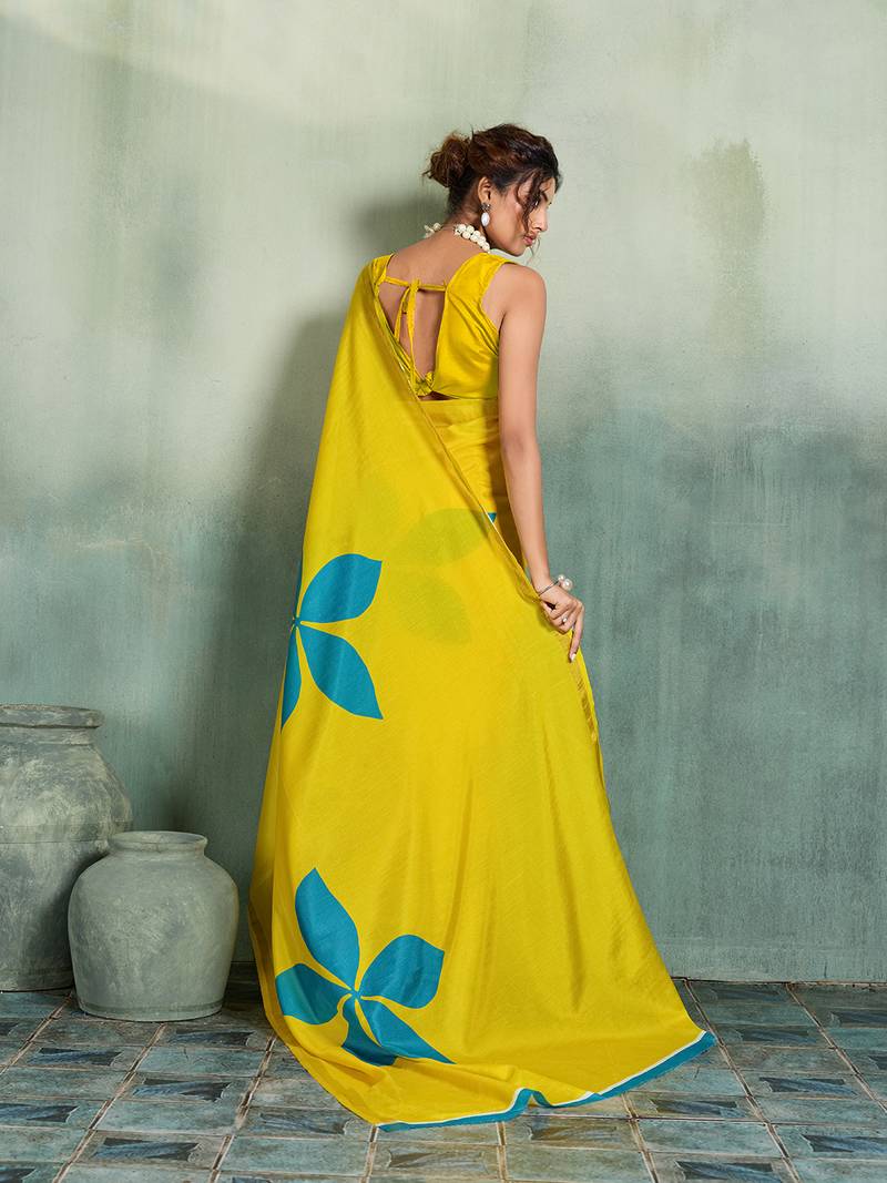 yellow floral cotton blend bollywood saree with blouse
