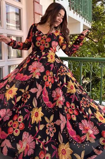 Black organza printed anarkali set