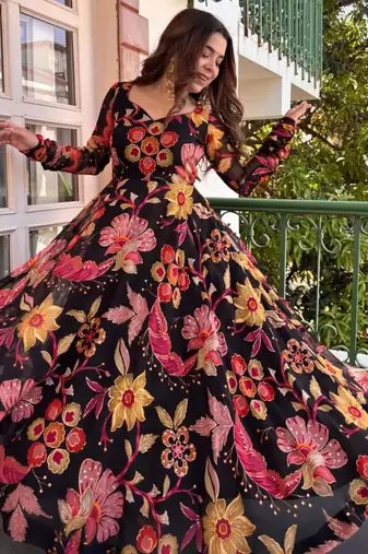 Black organza printed anarkali set