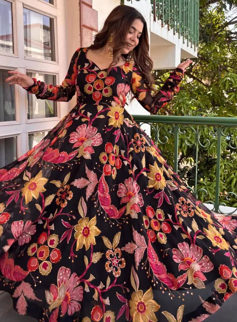 Black organza printed anarkali set