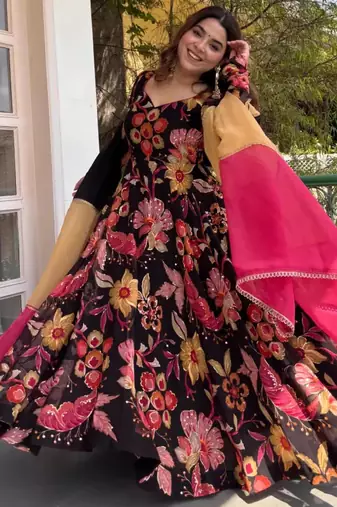 Black organza printed anarkali set