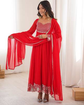 Red faux georgette embroidered anarkali set 2