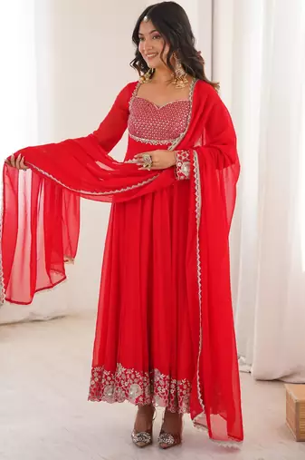 Red faux georgette embroidered anarkali set