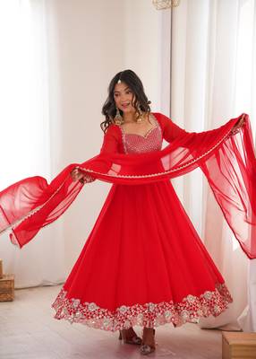 Red faux georgette embroidered anarkali set 3