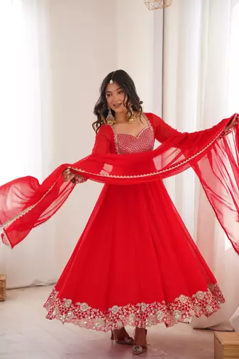 Red faux georgette embroidered anarkali set