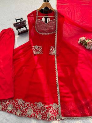 Red faux georgette embroidered anarkali set 4