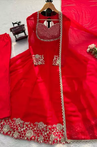 Red faux georgette embroidered anarkali set
