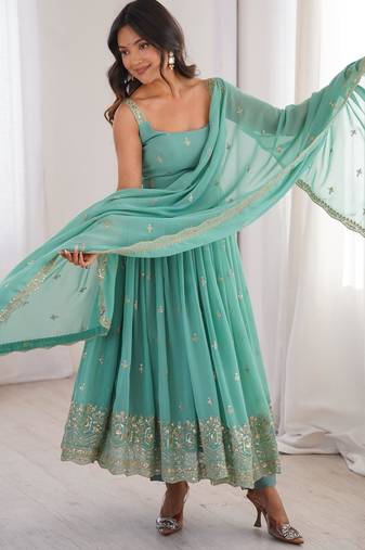 Sea-green faux georgette embroidered anarkali set
