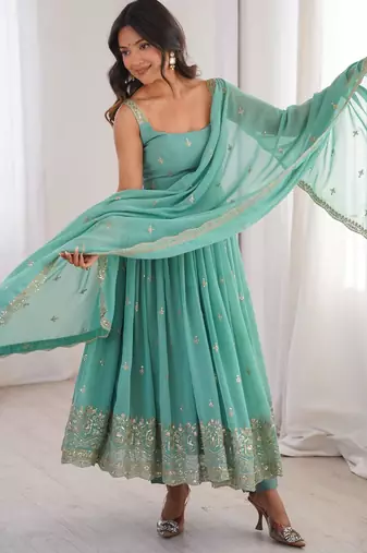 Sea-green faux georgette embroidered anarkali set