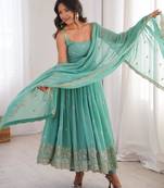 Sea-green faux georgette embroidered anarkali set