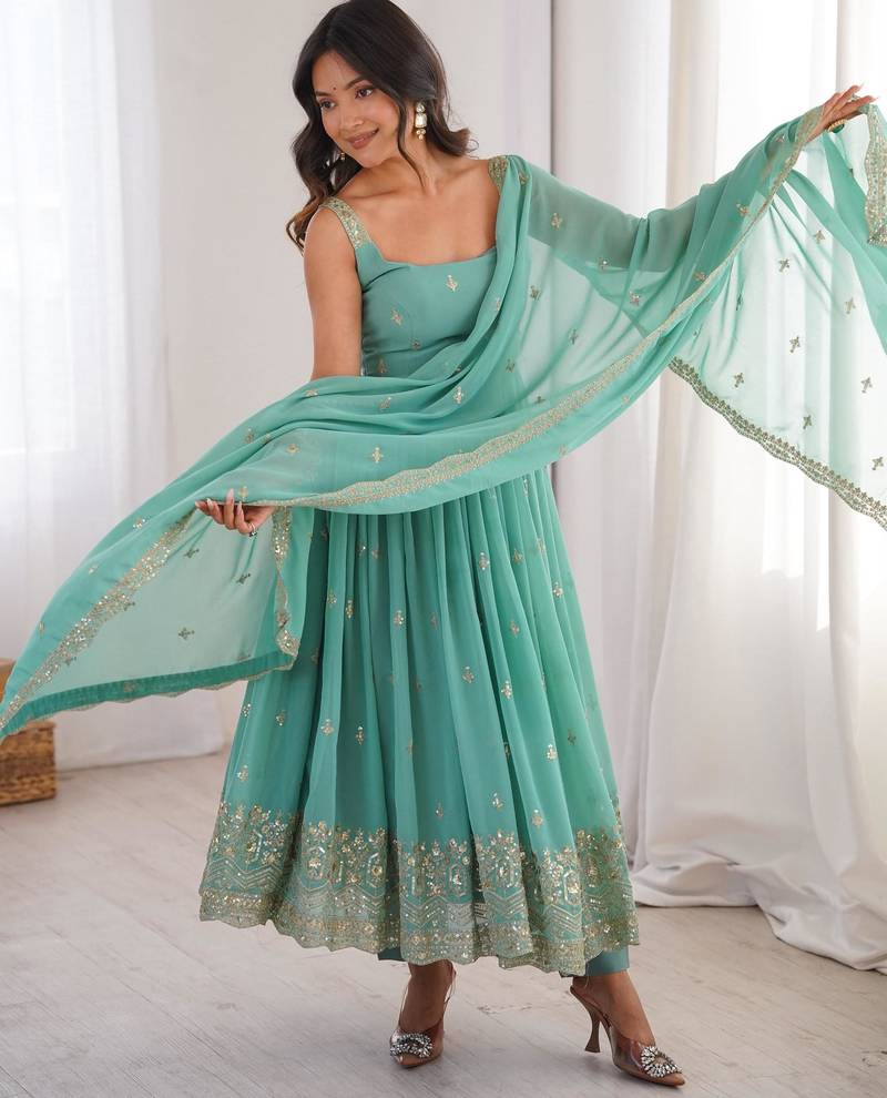 Sea-green faux georgette embroidered anarkali set
