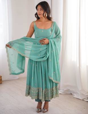 Sea-green faux georgette embroidered anarkali set 2