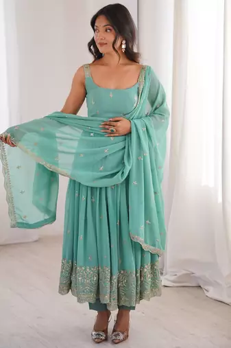 Sea-green faux georgette embroidered anarkali set