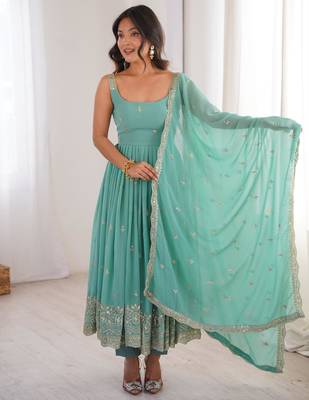 Sea-green faux georgette embroidered anarkali set 3