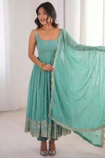 Sea-green faux georgette embroidered anarkali set