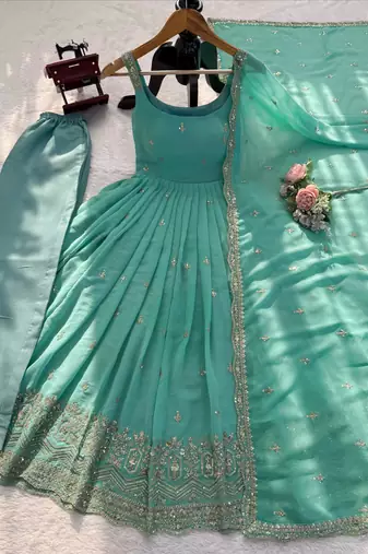 Sea-green faux georgette embroidered anarkali set